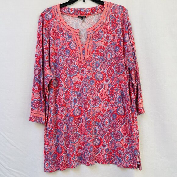 Talbots Blouse Womens 2X Pink Blue 3/4 Sleeve V Neck Pullover Cotton Floral Boho - Picture 1 of 8